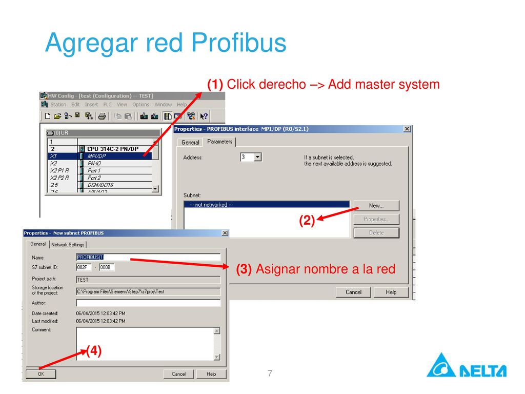 Agregar red Profibus (1) Click derecho –> Add master system (2)