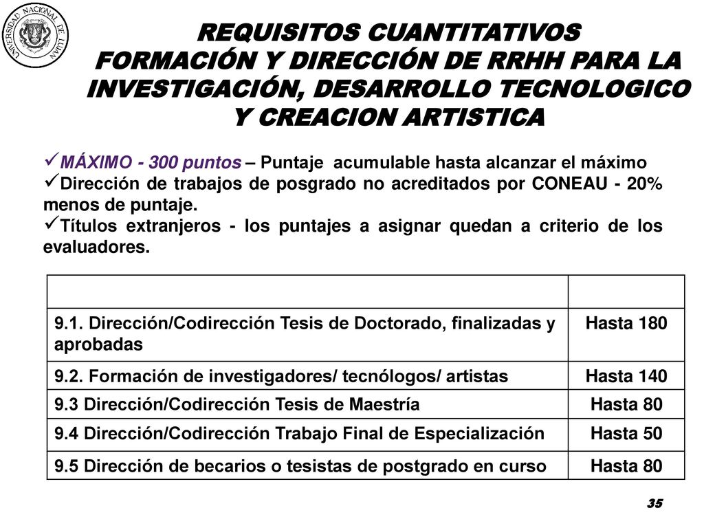 FORMACIÓN Y DIRECCIÓN DE RRHH PARA LA INVESTIGACIÓN, DESARROLLO TECNOLOGICO Y CREACION ARTISTICA