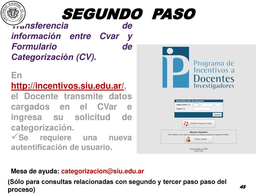 SEGUNDO PASO Transferencia de información entre Cvar y Formulario de Categorización (CV).