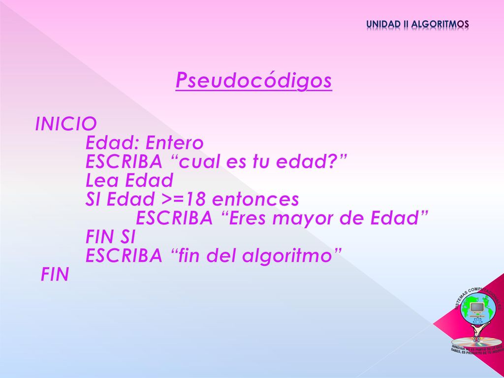 Pseudocódigos INICIO Edad: Entero ESCRIBA cual es tu edad Lea Edad