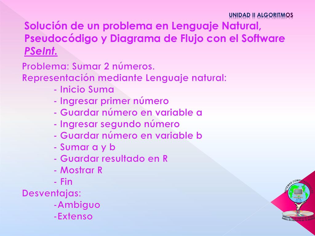 Unidad II Algoritmos Solución de un problema en Lenguaje Natural, Pseudocódigo y Diagrama de Flujo con el Software PSeInt.