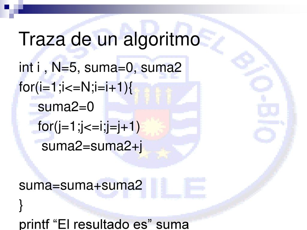 Traza de un algoritmo int i , N=5, suma=0, suma2