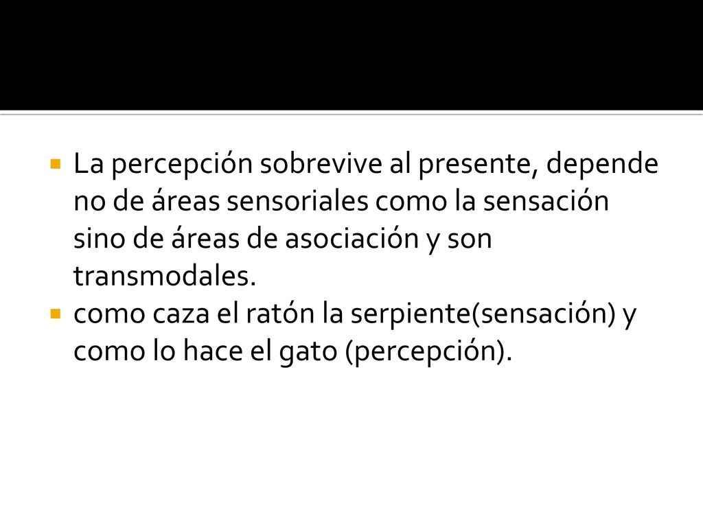 La percepción sobrevive al presente, depende no de áreas sensoriales como la sensación sino de áreas de asociación y son transmodales.
