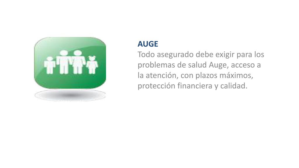 AUGE Todo asegurado debe exigir para los problemas de salud Auge, acceso a la atención, con plazos máximos, protección financiera y calidad.