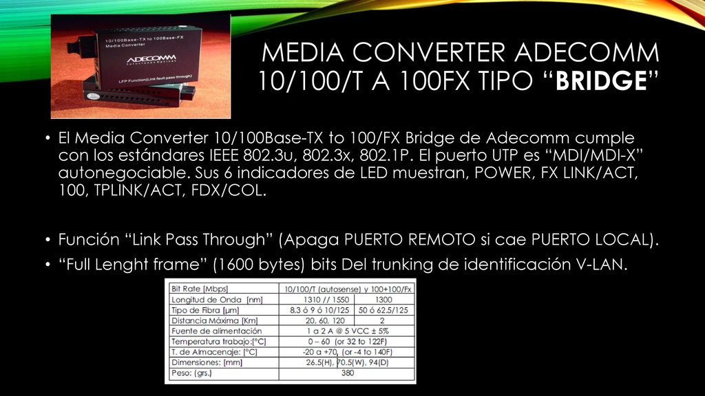 Media Converter Adecomm 10/100/T a 100Fx tipo Bridge
