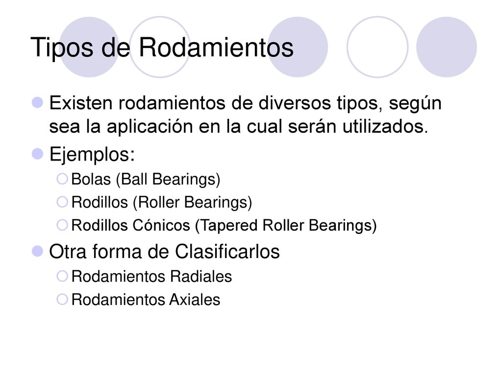 Tipos de Rodamientos Existen rodamientos de diversos tipos, según sea la aplicación en la cual serán utilizados.