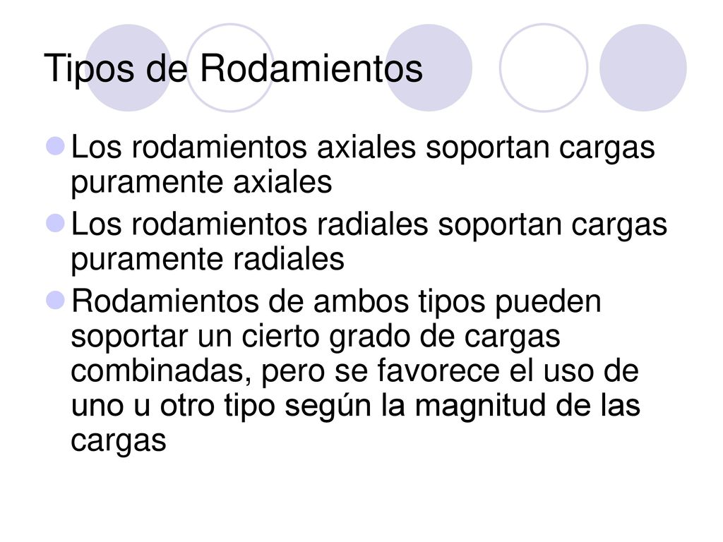 Tipos de Rodamientos Los rodamientos axiales soportan cargas puramente axiales. Los rodamientos radiales soportan cargas puramente radiales.