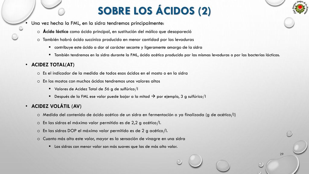 SOBRE Los ácidos (2) Una vez hecha la FML, en la sidra tendremos principalmente: