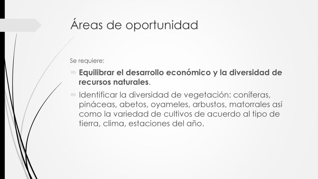 Áreas de oportunidad Se requiere: Equilibrar el desarrollo económico y la diversidad de recursos naturales.