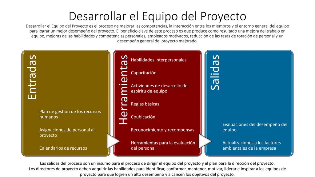 Desarrollar el Equipo del Proyecto Desarrollar el Equipo del Proyecto es el proceso de mejorar las competencias, la interacción entre los miembros y el entorno general del equipo para lograr un mejor desempeño del proyecto. El beneficio clave de este proceso es que produce como resultado una mejora del trabajo en equipo, mejoras de las habilidades y competencias personales, empleados motivados, reducción de las tasas de rotación de personal y un desempeño general del proyecto mejorado.