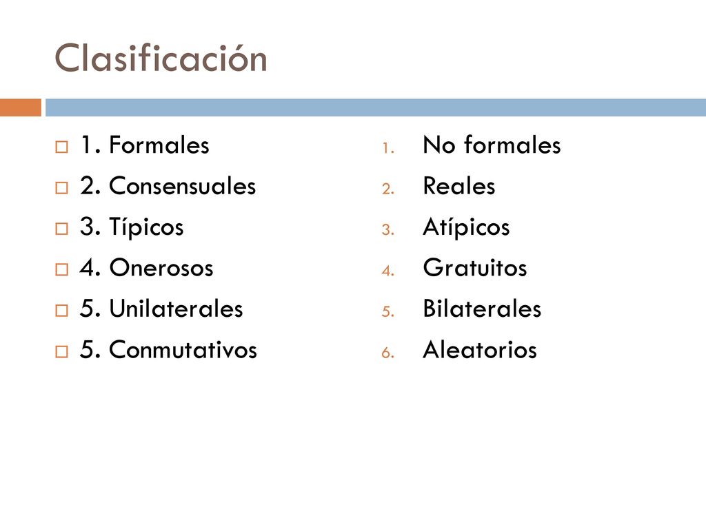 Clasificación 1. Formales 2. Consensuales 3. Típicos 4. Onerosos