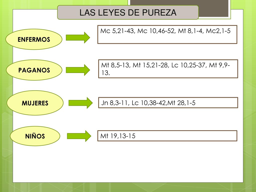 LAS LEYES DE PUREZA Mc 5,21-43, Mc 10,46-52, Mt 8,1-4, Mc2,1-5