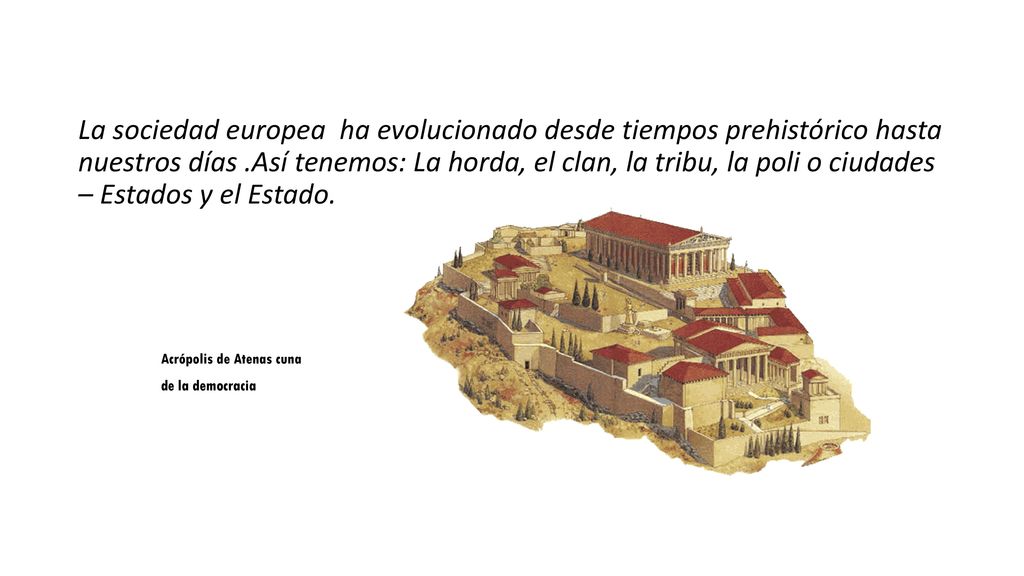 La sociedad europea ha evolucionado desde tiempos prehistórico hasta nuestros días .Así tenemos: La horda, el clan, la tribu, la poli o ciudades – Estados y el Estado.