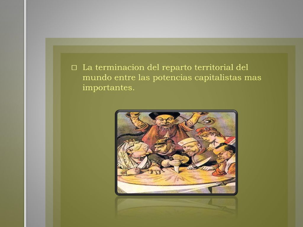 La terminacion del reparto territorial del mundo entre las potencias capitalistas mas importantes.