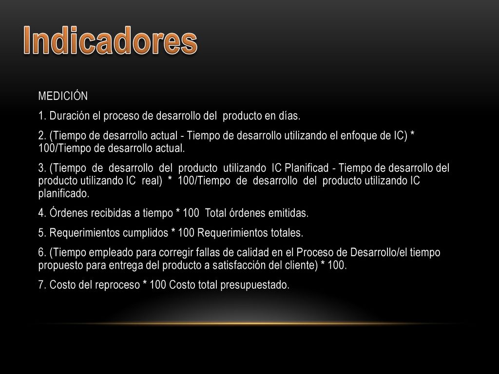 Indicadores MEDICIÓN. 1. Duración el proceso de desarrollo del producto en días.