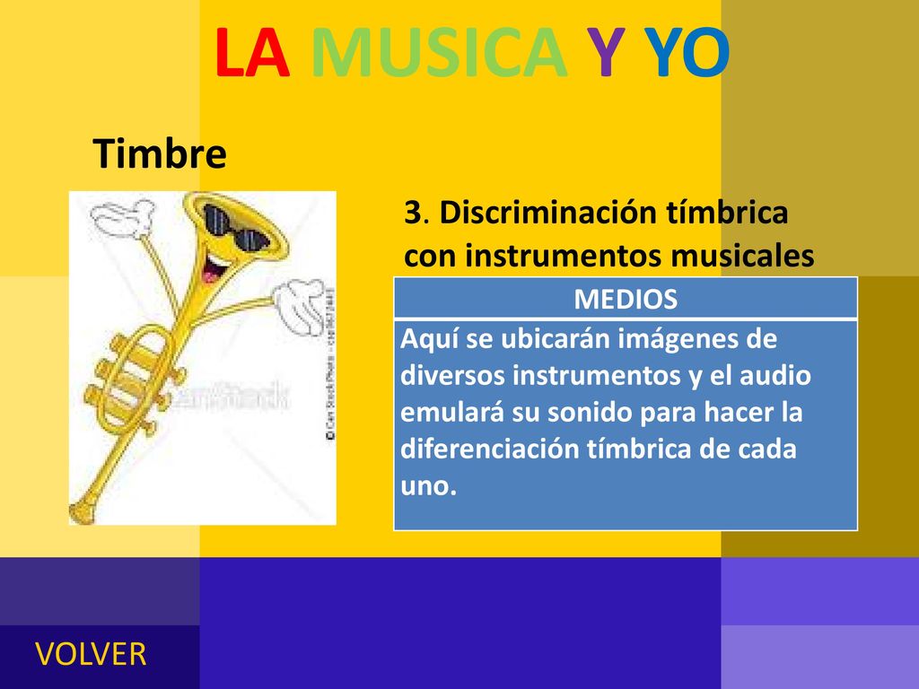 LA MUSICA Y YO Timbre. 3. Discriminación tímbrica con instrumentos musicales. MEDIOS.