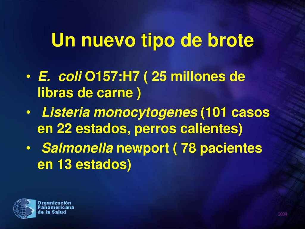 Un nuevo tipo de brote E. coli O157:H7 ( 25 millones de libras de carne ) Listeria monocytogenes (101 casos en 22 estados, perros calientes)