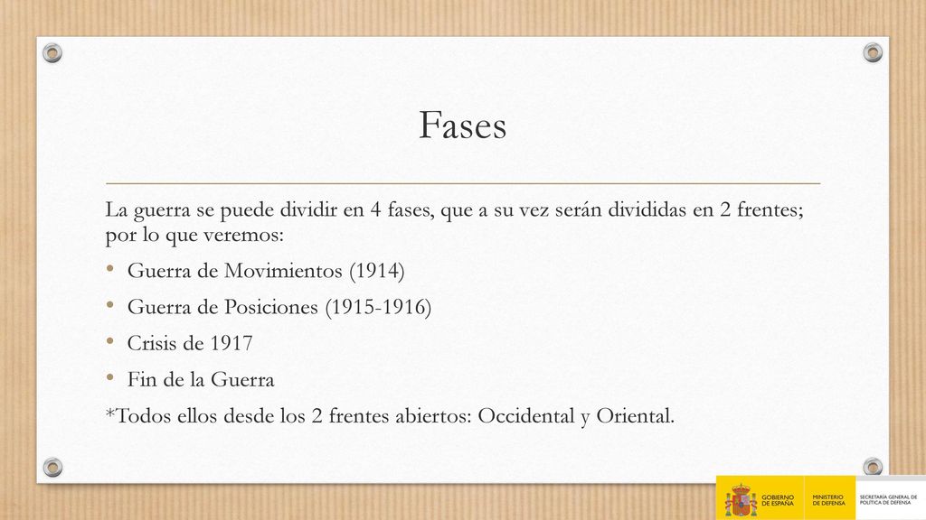 Fases La guerra se puede dividir en 4 fases, que a su vez serán divididas en 2 frentes; por lo que veremos: