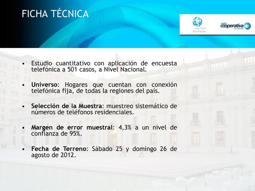FICHA TÉCNICA Estudio cuantitativo con aplicación de encuesta telefónica a 501 casos, a Nivel Nacional.