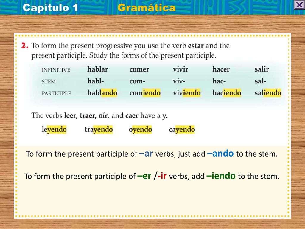 Capítulo 1 Gramática. To form the present participle of –ar verbs, just add –ando to the stem.