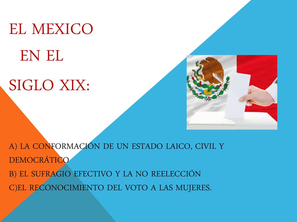 EL MEXICO EN EL SIGLO XIX: a) La conformación de un Estado laico, civil y democrático b) El sufragio efectivo y la no reelección c)El reconocimiento del voto a las mujeres.