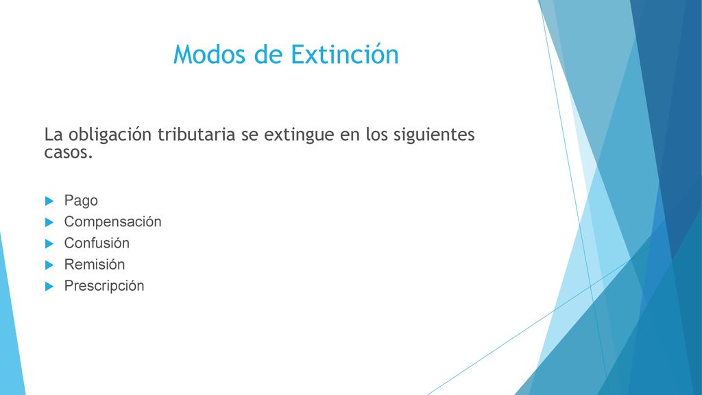Modos de Extinción La obligación tributaria se extingue en los siguientes casos. Pago. Compensación.