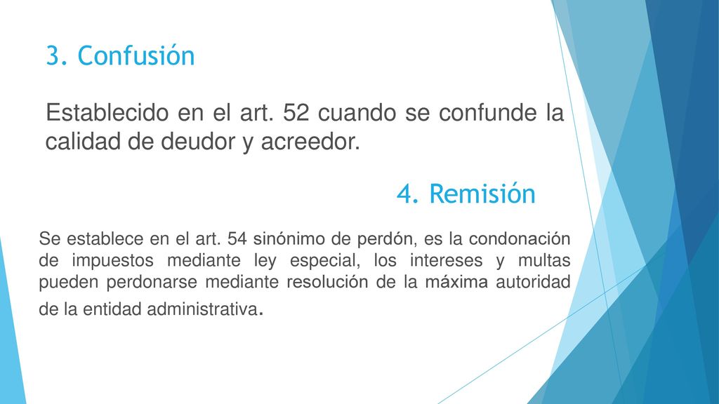3. Confusión Establecido en el art. 52 cuando se confunde la calidad de deudor y acreedor. 4. Remisión.
