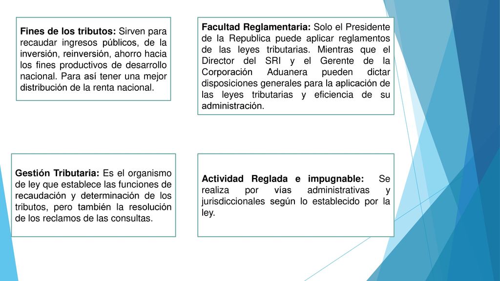 Fines de los tributos: Sirven para recaudar ingresos públicos, de la inversión, reinversión, ahorro hacia los fines productivos de desarrollo nacional. Para así tener una mejor distribución de la renta nacional.