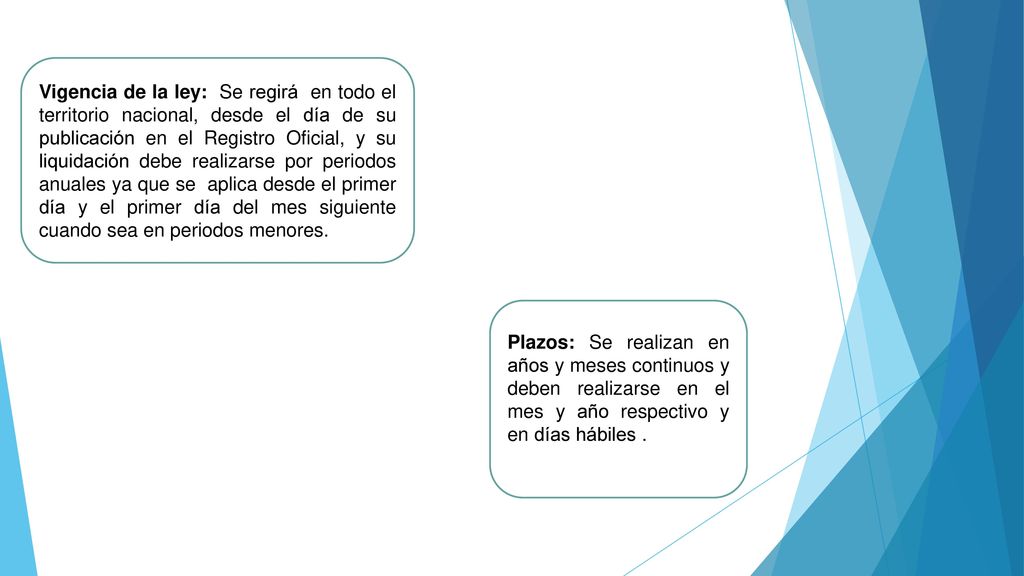 Vigencia de la ley: Se regirá en todo el territorio nacional, desde el día de su publicación en el Registro Oficial, y su liquidación debe realizarse por periodos anuales ya que se aplica desde el primer día y el primer día del mes siguiente cuando sea en periodos menores.