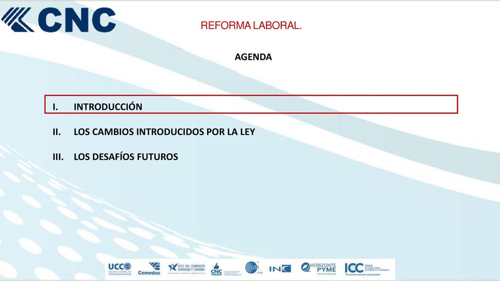 REFORMA LABORAL. AGENDA INTRODUCCIÓN LOS CAMBIOS INTRODUCIDOS POR LA LEY LOS DESAFÍOS FUTUROS
