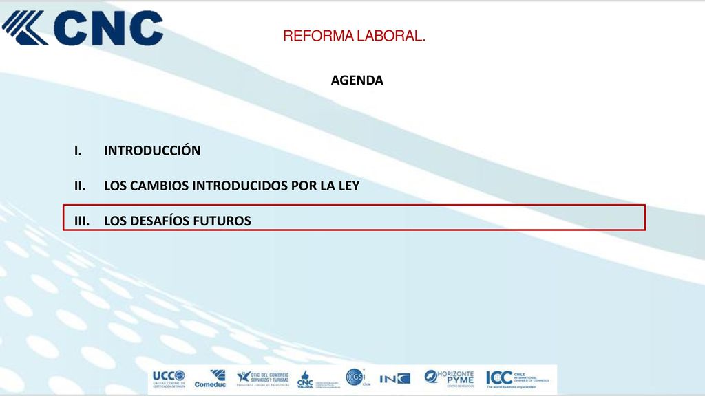 REFORMA LABORAL. AGENDA INTRODUCCIÓN LOS CAMBIOS INTRODUCIDOS POR LA LEY LOS DESAFÍOS FUTUROS