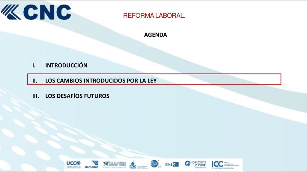 REFORMA LABORAL. AGENDA INTRODUCCIÓN LOS CAMBIOS INTRODUCIDOS POR LA LEY LOS DESAFÍOS FUTUROS