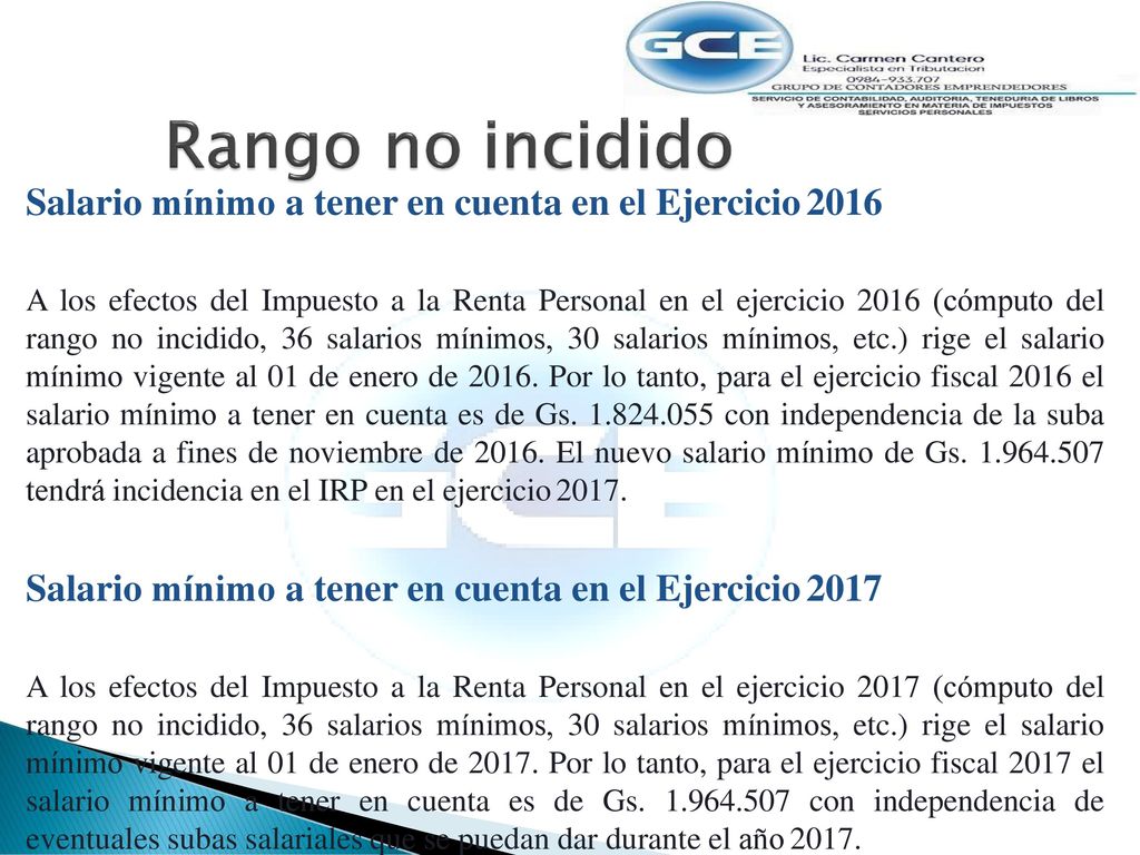 Rango no incidido Salario mínimo a tener en cuenta en el Ejercicio