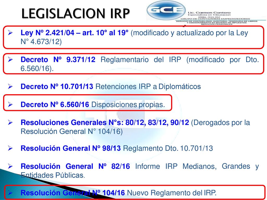 LEGISLACION IRP Ley Nº 2.421/04 – art. 10° al 19° (modificado y actualizado por la Ley N° 4.673/12)