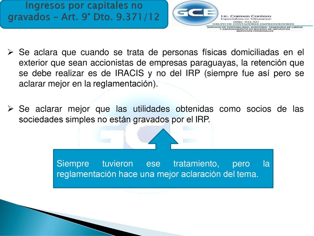 Ingresos por capitales no gravados – Art. 9° Dto /12