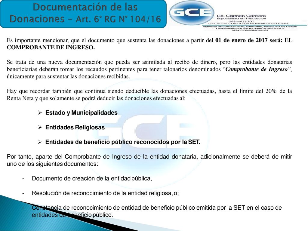 Documentación de las Donaciones – Art. 6° RG N° 104/16
