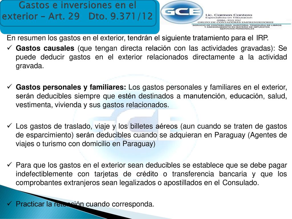 Gastos e inversiones en el exterior – Art. 29 Dto /12