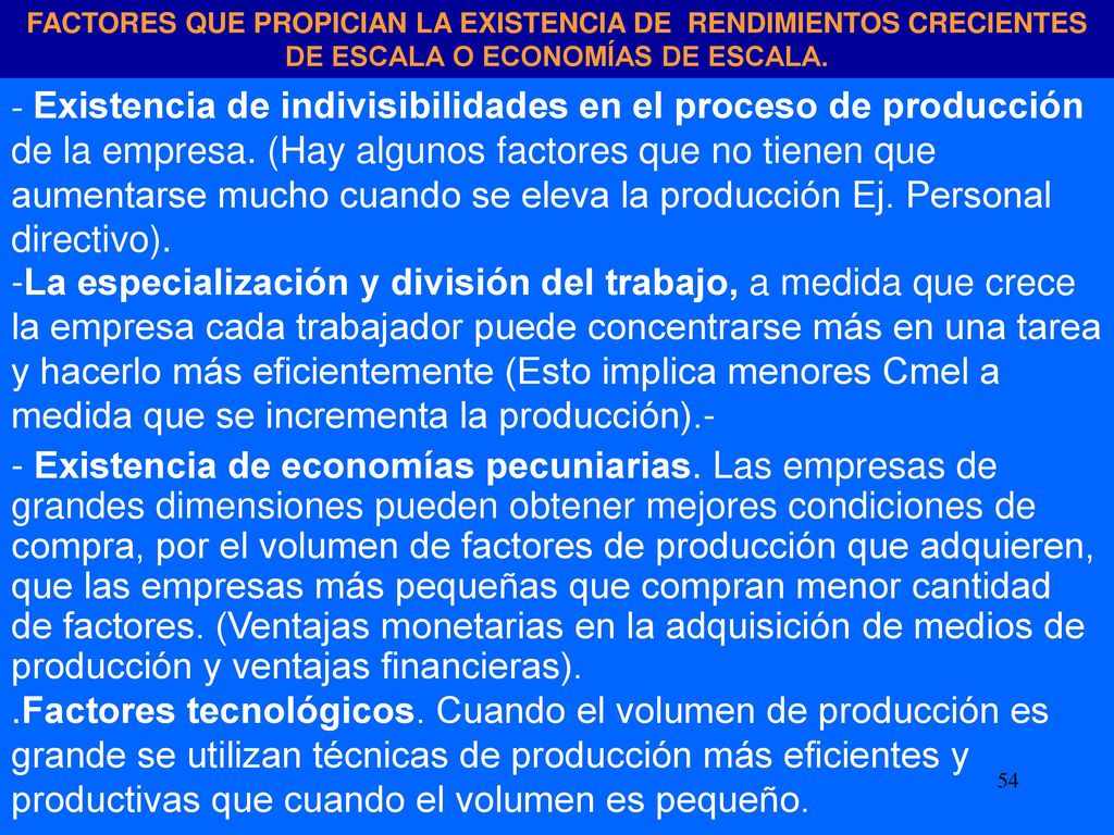 FACTORES QUE PROPICIAN LA EXISTENCIA DE RENDIMIENTOS CRECIENTES DE ESCALA O ECONOMÍAS DE ESCALA.