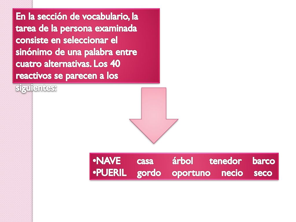 En la sección de vocabulario, la tarea de la persona examinada consiste en seleccionar el sinónimo de una palabra entre cuatro alternativas. Los 40 reactivos se parecen a los siguientes: