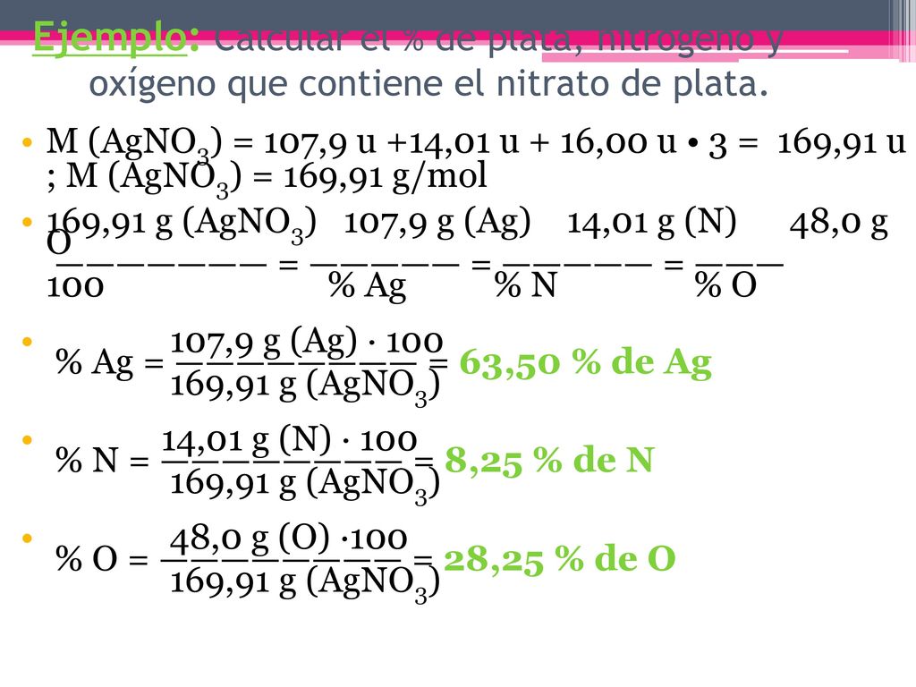 Ejemplo: Calcular el % de plata, nitrógeno y oxígeno que contiene el nitrato de plata.