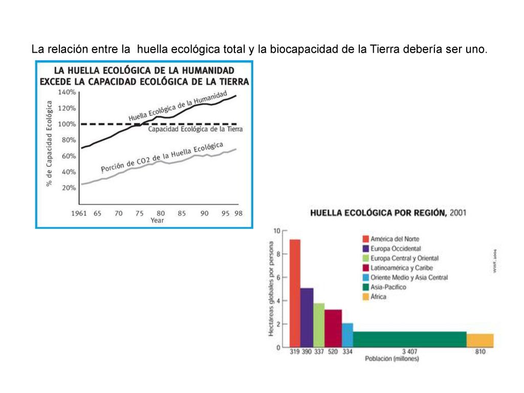 La relación entre la huella ecológica total y la biocapacidad de la Tierra debería ser uno.