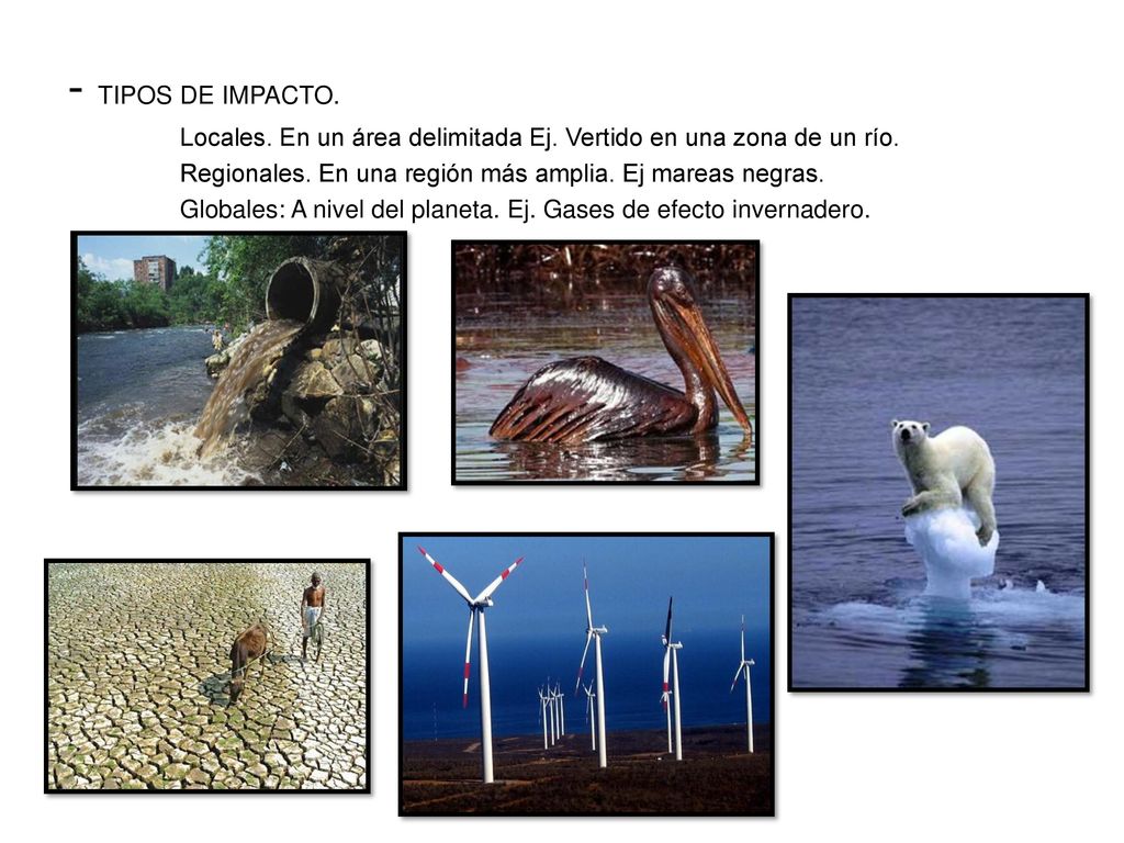 - TIPOS DE IMPACTO. Locales. En un área delimitada Ej. Vertido en una zona de un río. Regionales. En una región más amplia. Ej mareas negras.