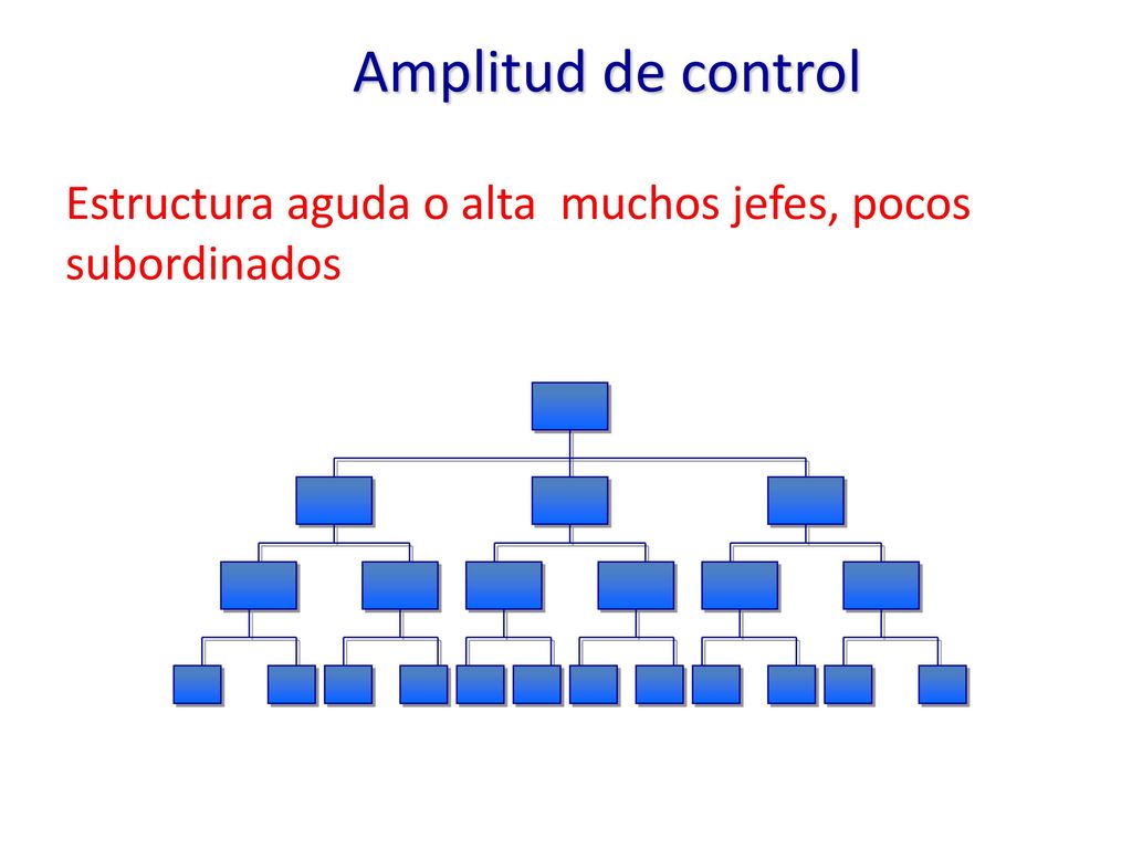 Amplitud de control Estructura aguda o alta muchos jefes, pocos subordinados