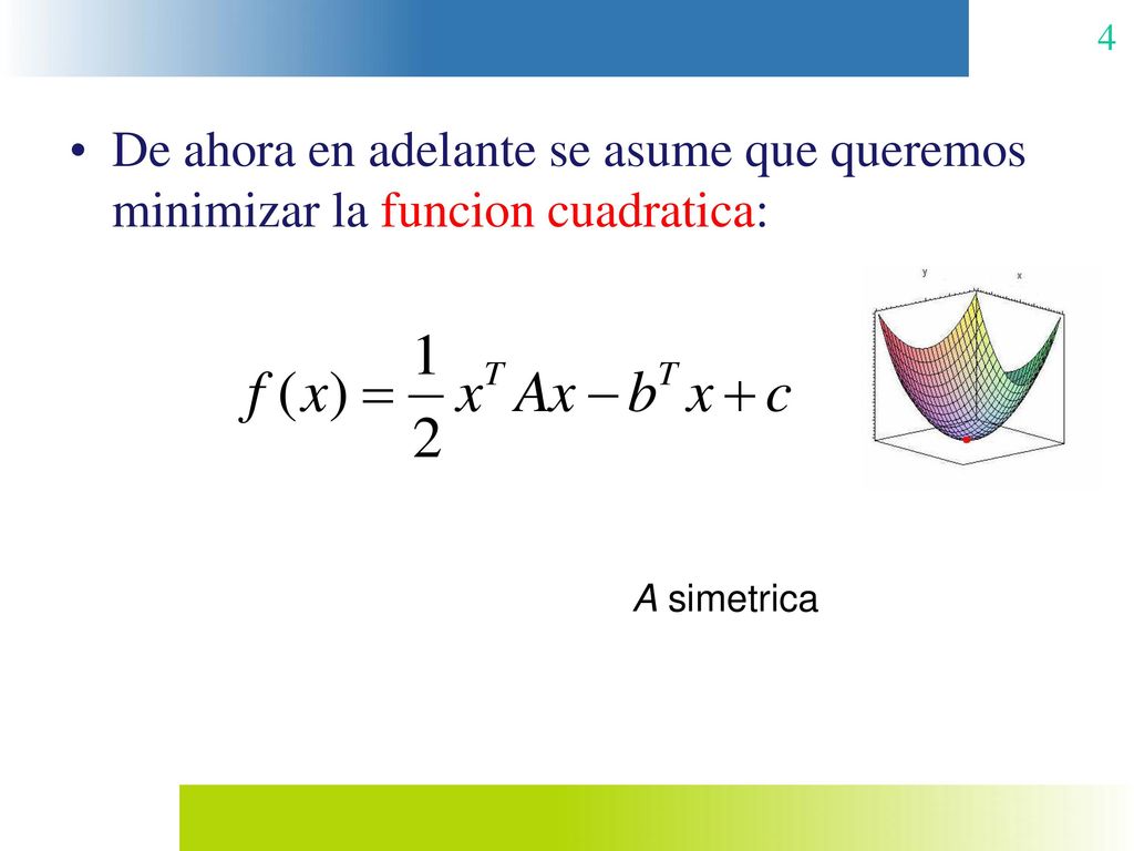 De ahora en adelante se asume que queremos minimizar la funcion cuadratica: