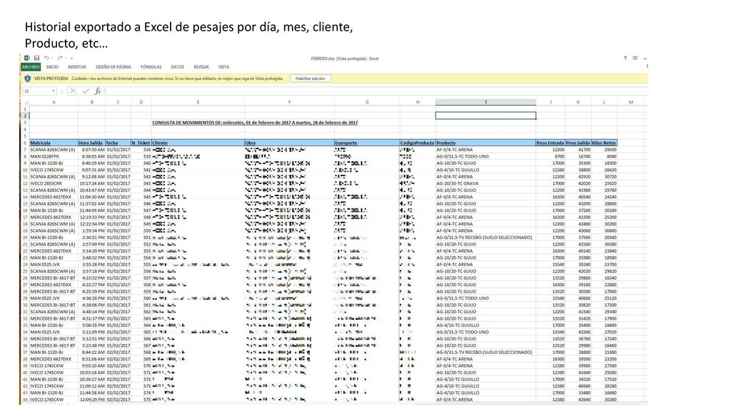 Historial exportado a Excel de pesajes por día, mes, cliente,