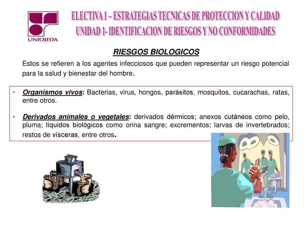 RIESGOS BIOLOGICOS Estos se refieren a los agentes infecciosos que pueden representar un riesgo potencial para la salud y bienestar del hombre.