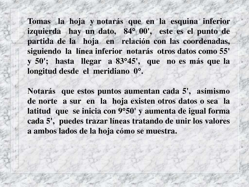 Tomas la hoja y notarás que en la esquina inferior izquierda hay un dato, 84° 00 , este es el punto de partida de la hoja en relación con las coordenadas, siguiendo la línea inferior notarás otros datos como 55 y 50 ; hasta llegar a 83°45 , que no es más que la longitud desde el meridiano 0°.