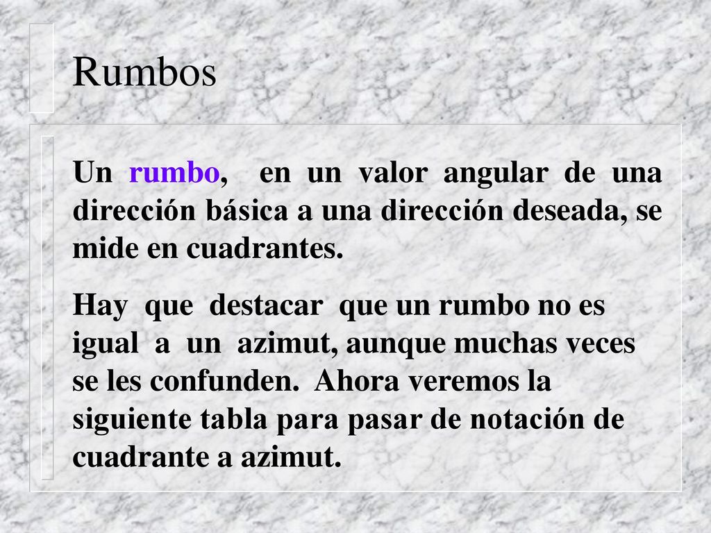 Rumbos Un rumbo, en un valor angular de una dirección básica a una dirección deseada, se mide en cuadrantes.