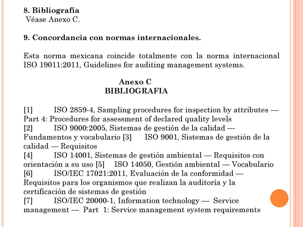 8. Bibliografía Véase Anexo C. 9. Concordancia con normas internacionales.
