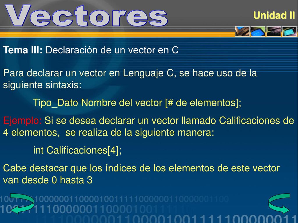 Vectores Unidad II Tema III: Declaración de un vector en C